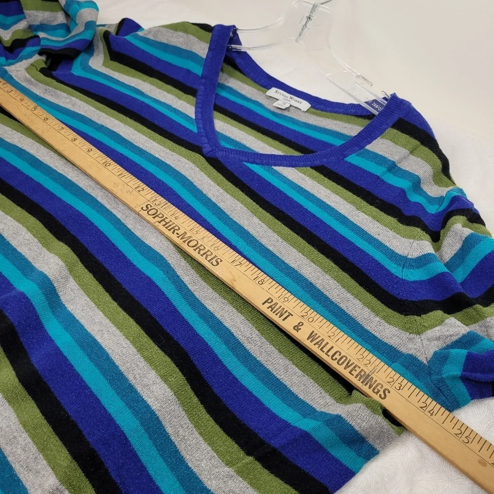 Studio Works Blue Olive Gray Striped V-Neck Light Sweater Nautical Preppy 2X - Picture 6 of 11